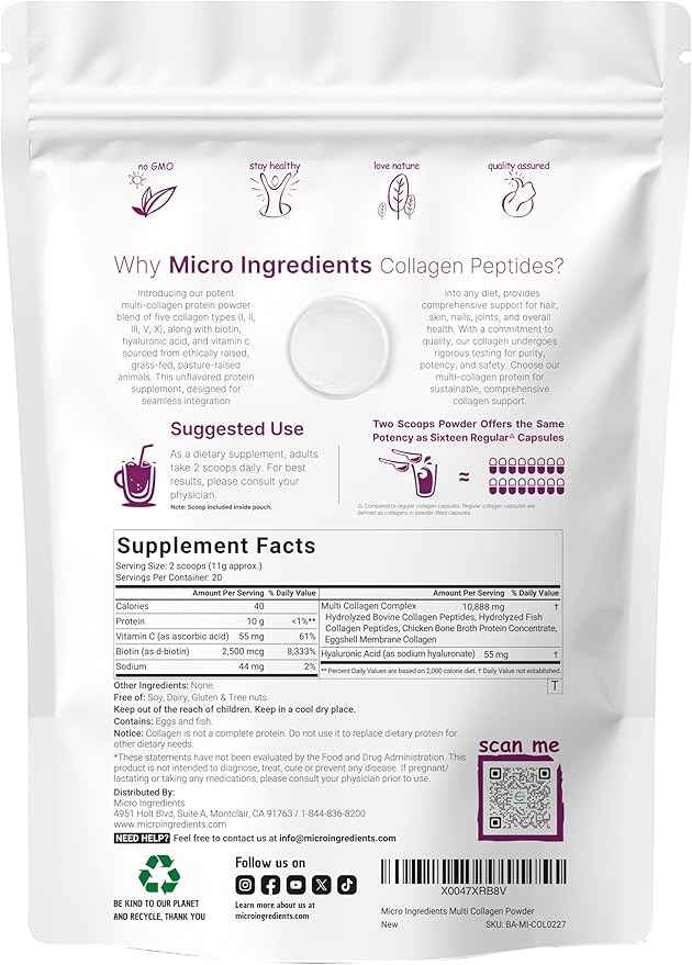 Micro Ingredients Multi Collagen Peptides Powder, 8oz | Type I, II, III, V, X + Biotin, Vitamin C & Hyaluronic Acid | Unflavored | Supports Hair, Skin & Joint Health | Keto, Non-GMO
