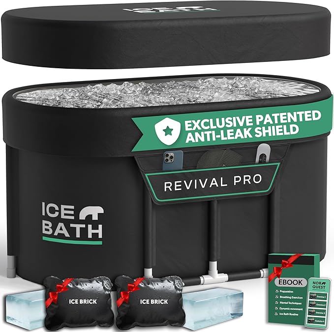 Ice Bath Tub XL - Exclusive Patented Anti-Leak Shield - Cold Plunge Tub With Cover - Ice Bricks X2 - Portable bathtub Outdoor Indoor - Free Ebook