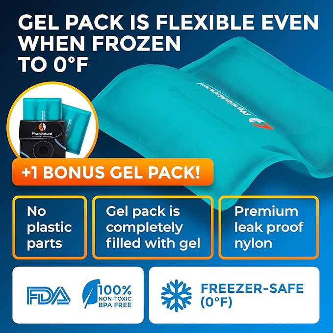 PhysioNatural Ice Pack for Knee Pain Relief, Reusable Gel Ice Wrap for Leg Injuries, Swelling, Knee Replacement Surgery, Cold Compress Therapy for Arthritis, Meniscus Tear and ACL