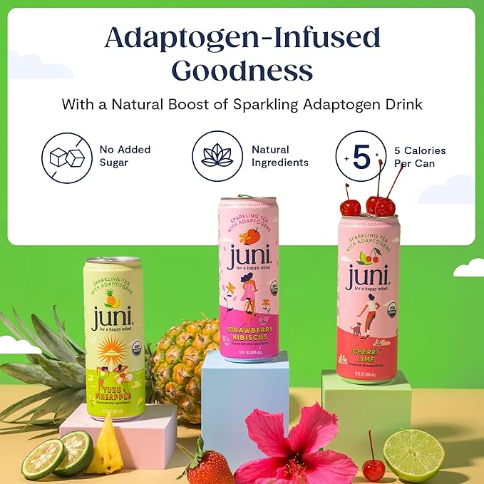 Juni Sparkling Adaptogen Drink with Ashwagandha, Lion's Mane & Reishi Mushrooms | Green Tea for Focus | Zero Sugar, 5 Calories | All Flavors 24-Pack