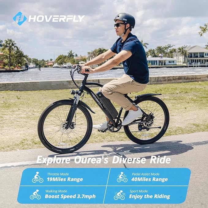 HOVERFLY OUREA 26" Electric Bike for Adults, 750W Peak Motor Mountain Ebike, 20MPH Up to 40 Miles, UL2849 Certified, 7-Speed, Removable Battery, Shock Absorber, Fat Tire Commuter E-Bike