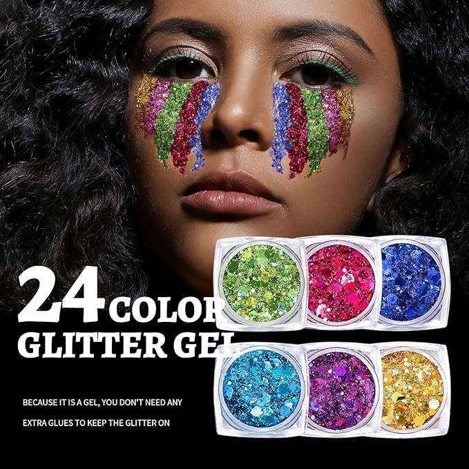 Teenitor 24 Colors Body & Hair Glitter Gel - Face, Body, Hair Glitter for Halloween Makeup Festival