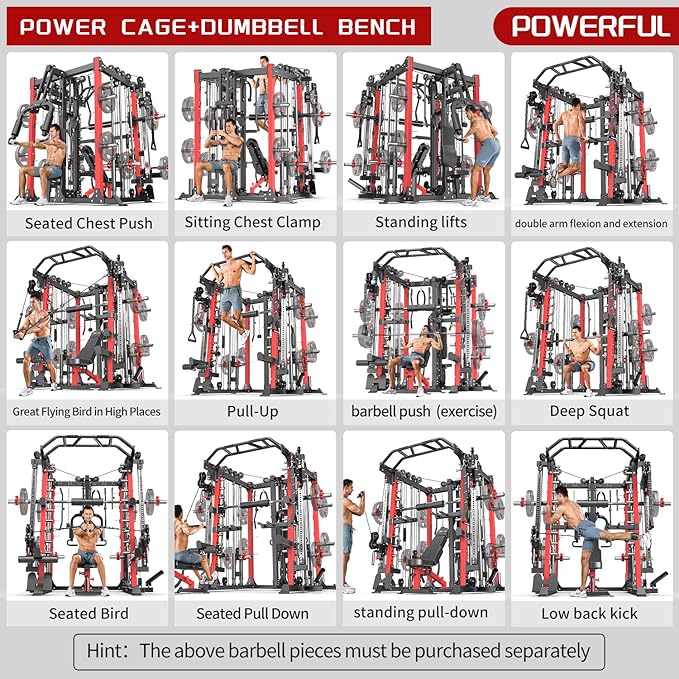 Smith Machine Power Rack Multifunctional Power Cage Deep Squat Rack Cable Crossover System Selectable More Training Attachment for Garage & Home Gym