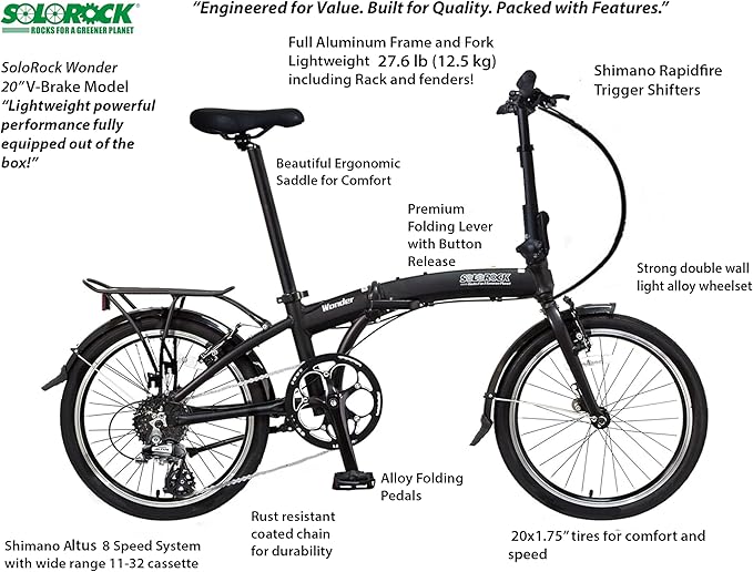 SOLOROCK 20" 8 Speed Aluminum Folding Bike - Wonder V Brakes, with Fenders & Alloy Rear Rack, Stainless Steel Spokes & Stainless Steel Fender Stays