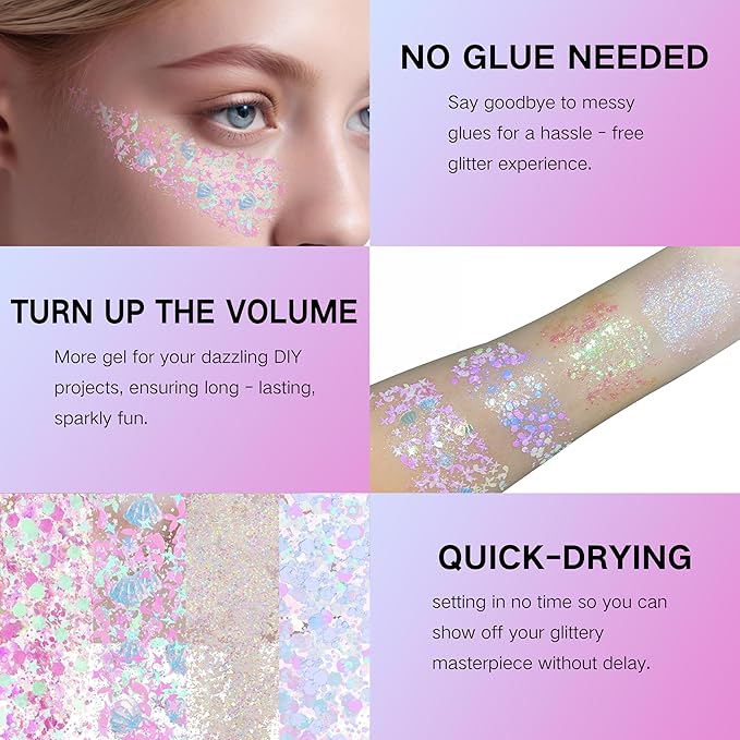 Mermaid White Face Glitter Gel,10g/pc 4 Styles Body Glitter for Kids,Mardi Gras Outfits Sparkling Hair Glitter Cheer Makeup Glitters Rave Festival Accessories,40g/1.41 oz