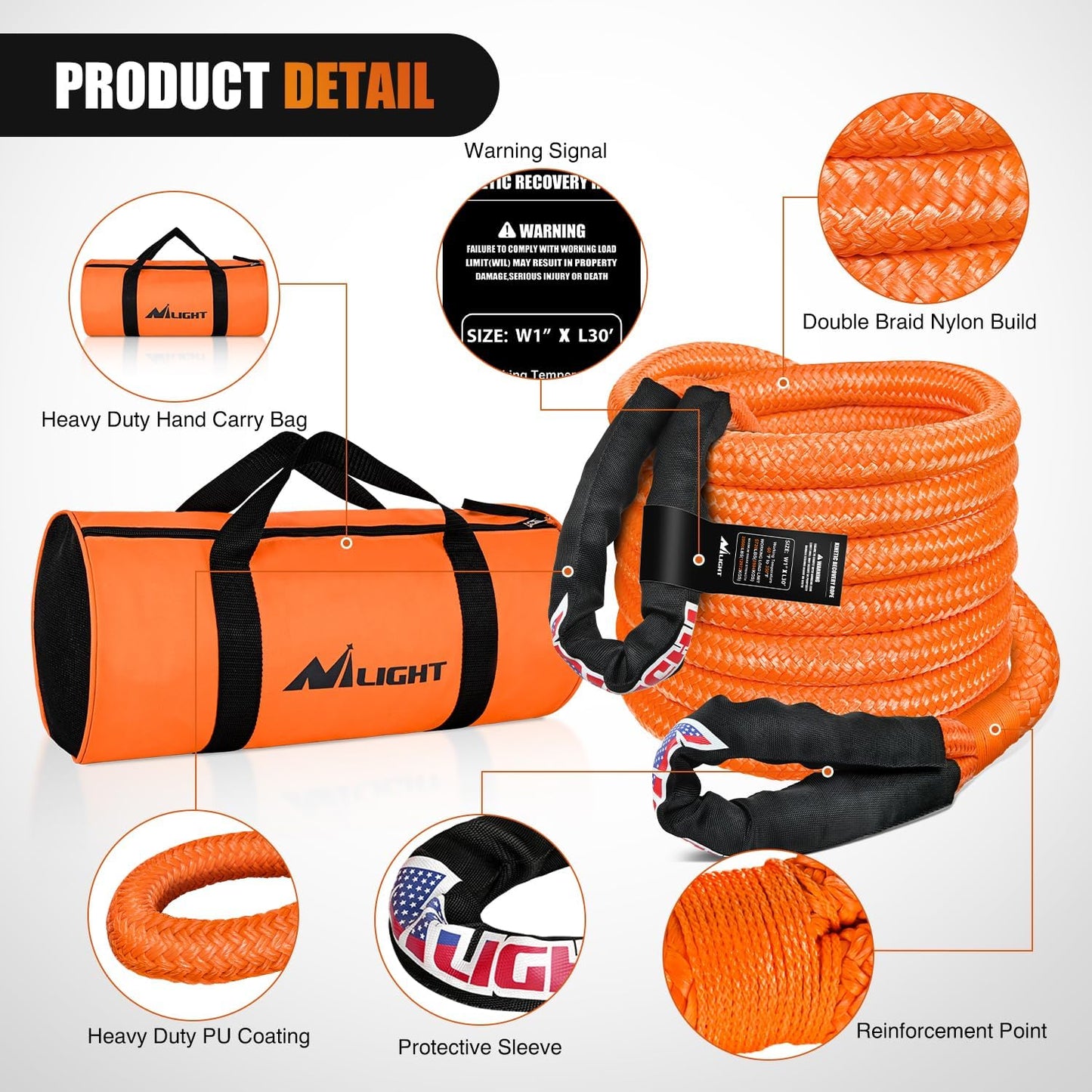 Nilight Kinetic Recovery Rope 33000 LBS 1" x 30ft Snatch Strap Heavy Duty Offroad Towing Starp Kit Vehicle Recovery kit for UTV ATV SUV Truck Car Jeep Tractor