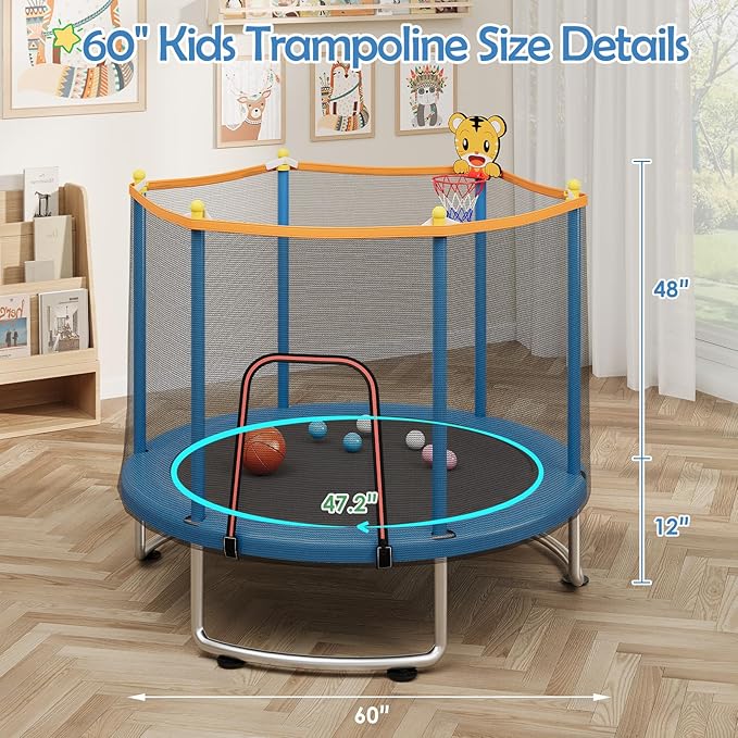 Kids Trampoline with Safety Net – 440lbs Capacity, Upgraded Rust-Proof Ring Legs, Adjustable Gymnastics Bar & Toys – Indoor Outdoor Toddler Trampoline for Boys & Girls Ages 1-8