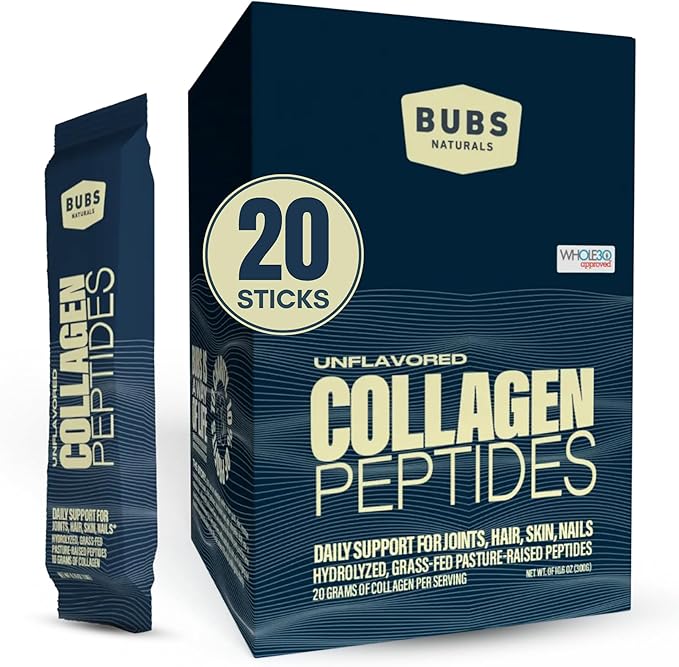 BUBS Naturals Unflavored Collagen Peptides Powder - Best Proteins for Joints & Skin - Pasture Raised Grass Fed - Paleo & Keto Friendly, Whole30 Approved, Non-GMO, Dairy & Gluten Free (20 Stick Packs)