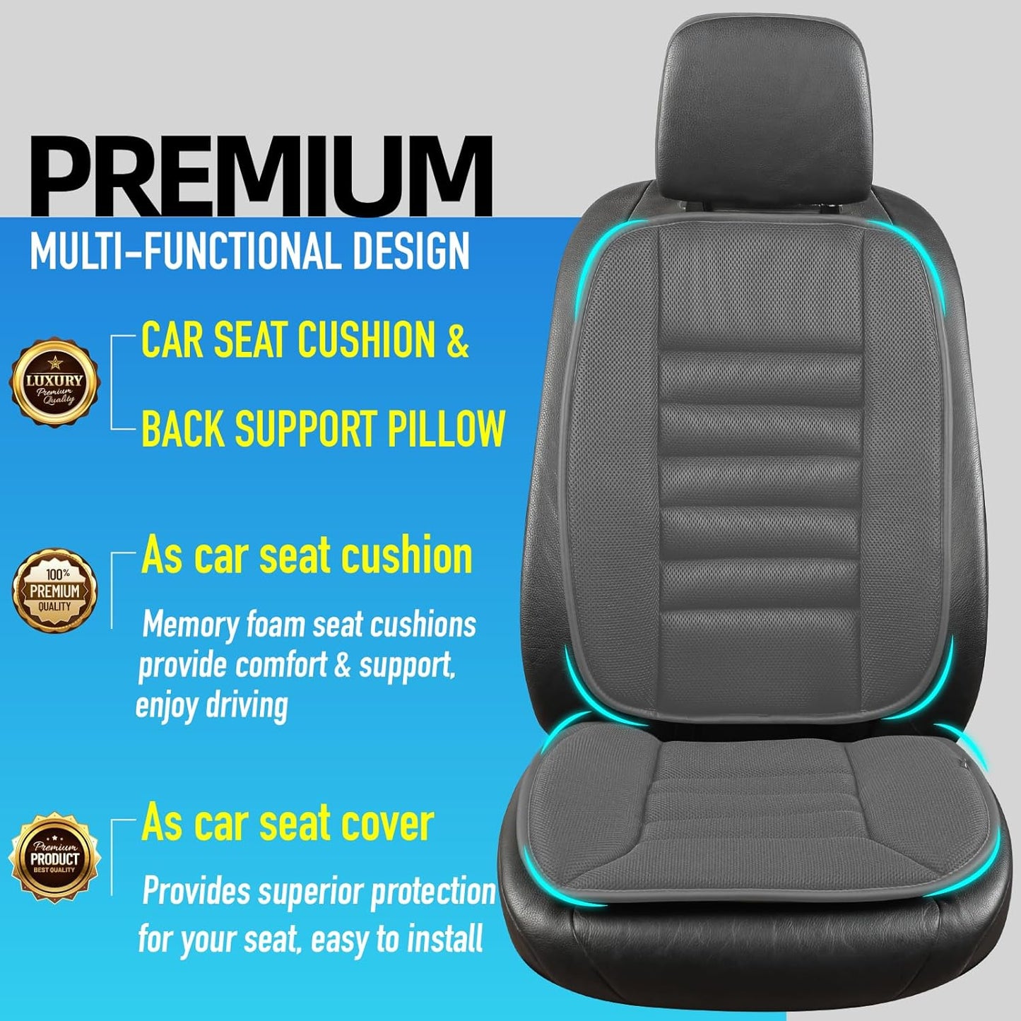 Memory Foam Car Seat Cushion with Lumbar Support Pillow - 4D Mesh Ventilation for Back & Sciatica Pain Relief, Auto Pad Suitable for Car, Truck, SUV, Dark Grey