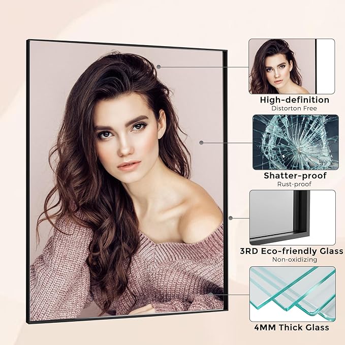 20x40 Inch Black Bathroom Mirror for Wall, Aluminum Frame Rectangle Rectangular Vanity Mirror, Modern Large for Bedroom, Living Room, Horizontal or Vertical