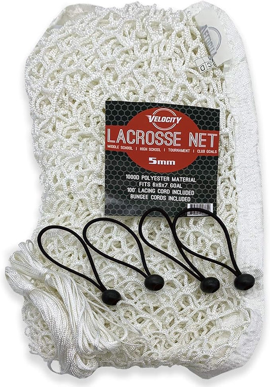 Velocity Heavy Duty Black & White Lacrosse Net - Fits 6’x6’x7’ Goals - Weatherproof, UV Resistant 1000D High-Strength Polyester - Comes with 100+ Feet of Lacing Cord and 4 Quick Ties