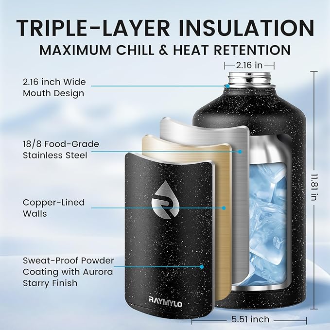 128oz Insulated Water Bottle, Triple Wall Vacuum Stainless Steel Water Bottles - Keeps Cold 48H, Reusable One Gallon Flask Jug for Gym, Sports, Camping, Hiking,Travel, Black Speckled