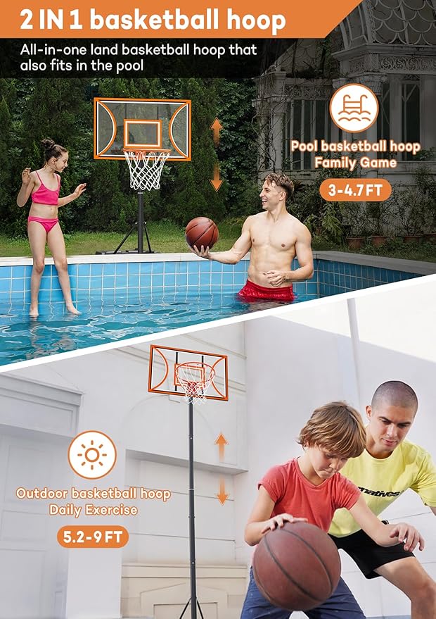 Aimking Basketball Hoop Outdoor 3.3-10FT 5s-Rapid-Adjustable, 40/44 inch Shatterproof Backboard & Enlarged Base, Portable Basketball Hoop & Goal for Kids/Adults/Families in Poolside/Backyard/Indoor