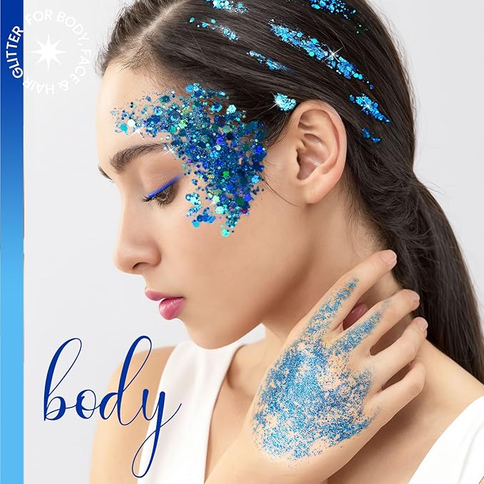 Teenitor Face Glitter, 2pcs Blue Body Glitter Gel, 20g/0.7oz Makeup Glitter for Face, Body, Eye, Hair Glitter Gel, Blue Glitter in 2 Sizes