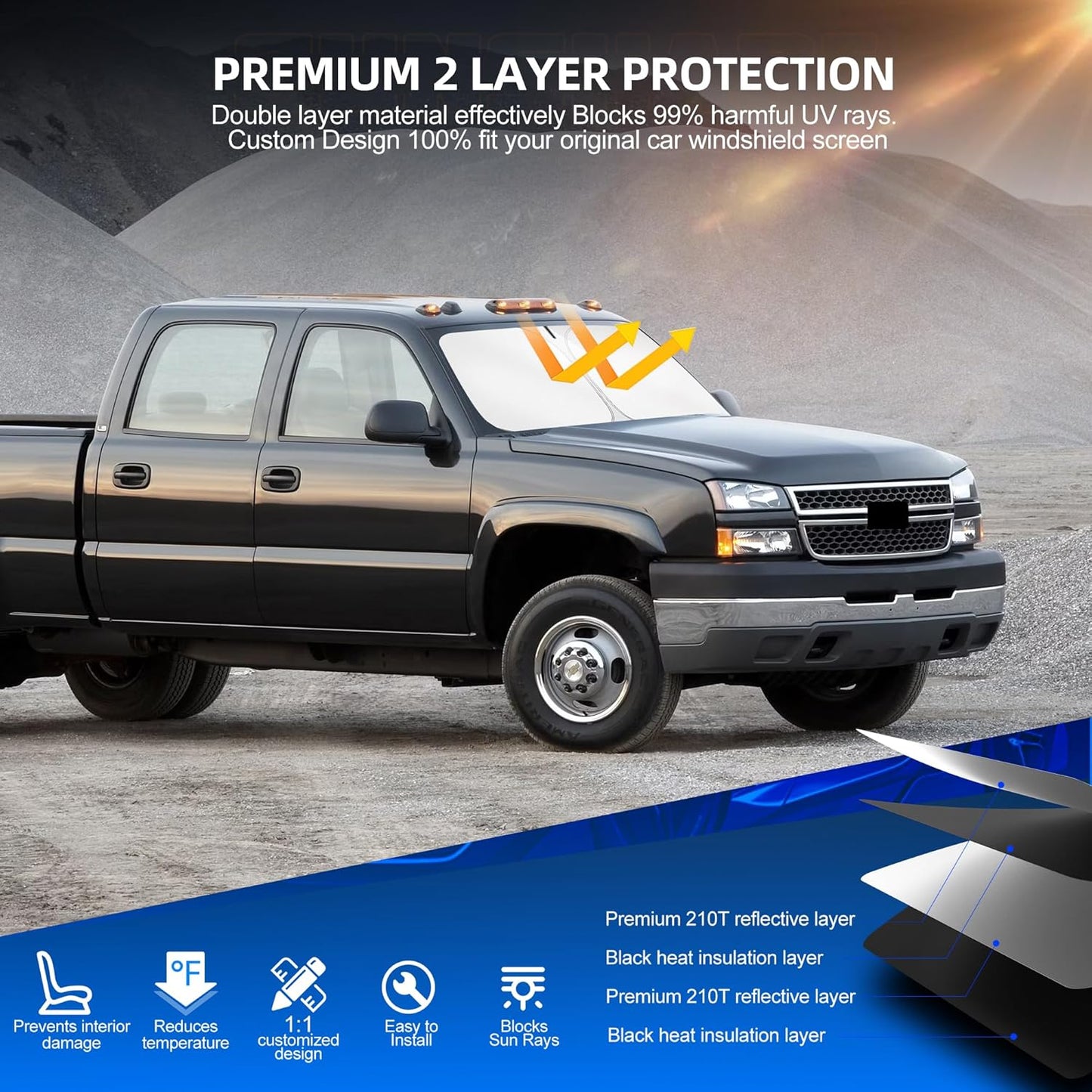 Windshield Sun Shade for Ch-evro-let/Chevy Silverado 1500 1500HD 1999-2006 Foldable Sunshade Custom Fit Front Window Car Interior Accessories Protector Blocks UV Rays