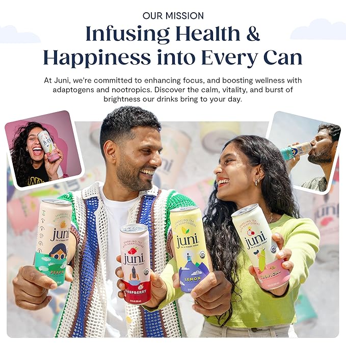 Juni Sparkling Adaptogen Drink with Ashwagandha, Lion's Mane & Reishi Mushrooms | Green Tea for Focus | Zero Sugar, 5 Calories | All Flavors 24-Pack