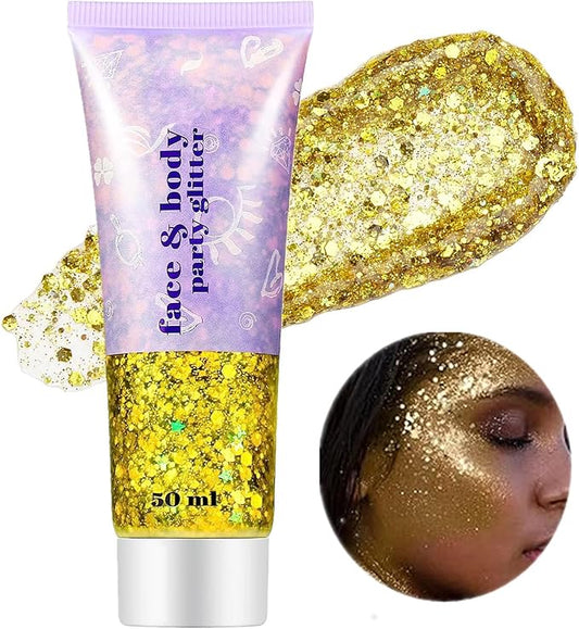 Go Ho Gold Face Body Glitter,Mardi Gras Glitter Makeup Gold Face Paint,Holographic Chunky Sequins Glitters for Eye Lip Hair Nails,Festival Rave Accessories,52g