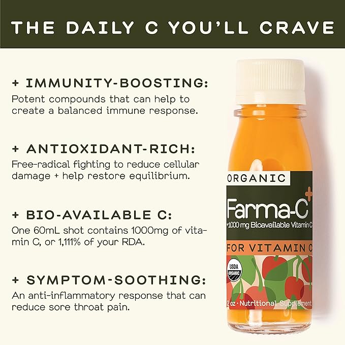 Greenhouse Juice Organic Farma-C+ Wellness Shots Vitamin C Immune Shot Cold-Pressed with Orange, Acerola Cherry, Sea Buckthorn Berry and Fermented Echinacea | Vegan & Gluten-Free (2 Oz, Pack of 12)