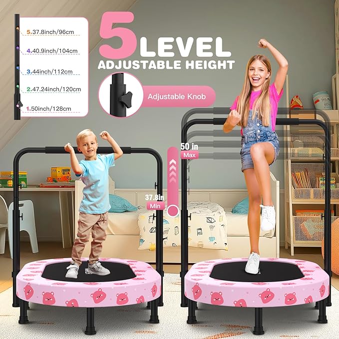 ANCHEER 56" Double Mini Trampoline for Kids, Mini Rebounder with 5-Level Adjustable Handle, Parent-Child Trampoline for Kids, Max Load 220lbs, Fun for Indoor/Outdoor