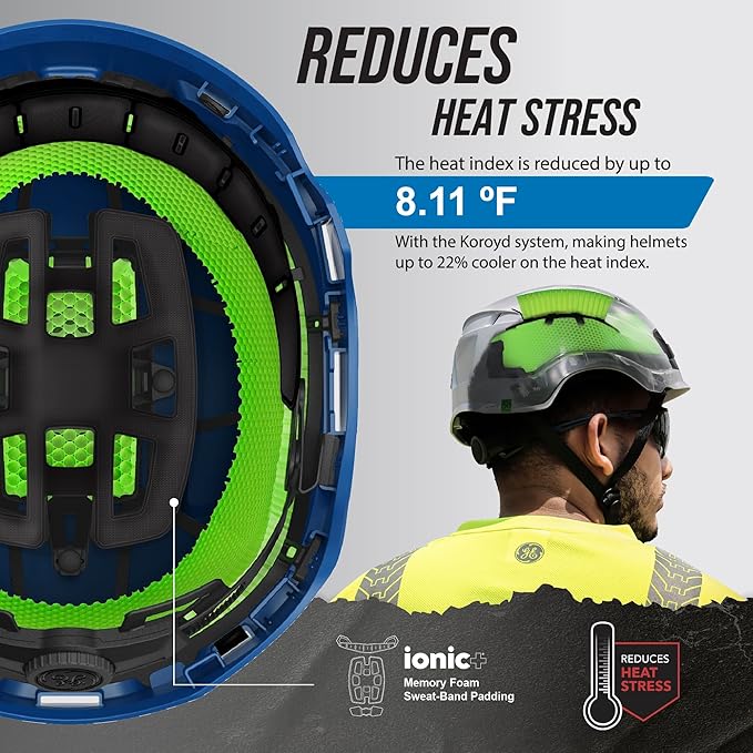 GE Safety Helmet: ANSI Type 2 Class G & E, Advanced Impact Technology, Ultra Comfortable Memory Foam, Heat Stress Reduction, Compatible with Accessories, Adjustable Size OSHA Approved