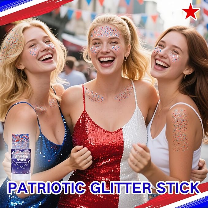 Red White Blue Hair Glitter Stick for Kids,Patriotic Face Body Glitter,4th of July Accessories,Fourth of July Outfits for Women,Patriotic Day Waterproof Chunky Glitter Makeup