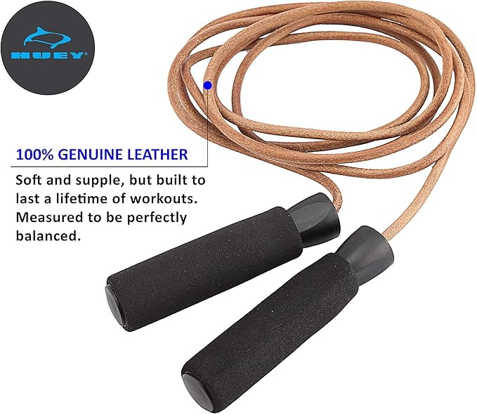 HUEY Sport Leather Jump Rope Skipping Rope for Speed Quiet Training Boxing MMA Cardio Crossfit Fitness Workout Indoor and Outside Exercise for Adult Kids Men and Women (5.5 oz)