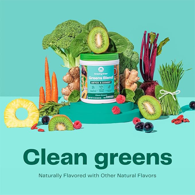 Amazing Grass Greens Superfood Detox & Digest: Greens Powder with Digestive Enzymes & Probiotics, Clean Green, 30 Servings (Packaging May Vary)