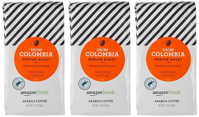 Amazon Fresh Decaf Colombia Ground Coffee, Medium Roast, 12 Ounce (Pack of 3)