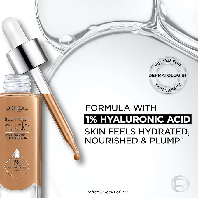 L'Oreal Paris True Match Nude Hyaluronic Tinted Serum Foundation with 1% Hyaluronic acid, Rich Deep, 1 fl. oz.