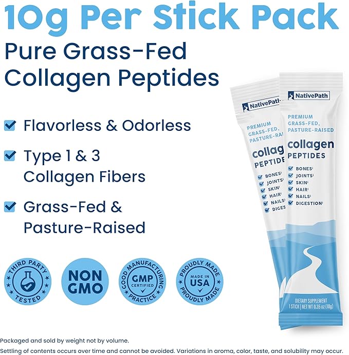NativePath Collagen Peptides Protein Stick Packs - Hydrolyzed Type 1 & 3 Collagen Powder for Skin, Hair, Nails - 30 Servings