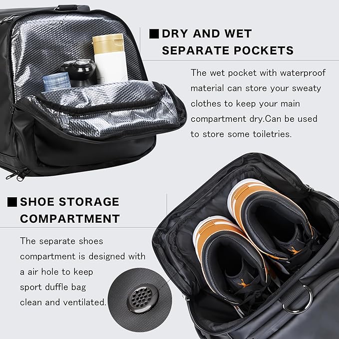 40L Travel Duffle Bag, 4-in-1 Large Gym Bag with Shoe & Wet Clothes and Laptop Compartments, Black