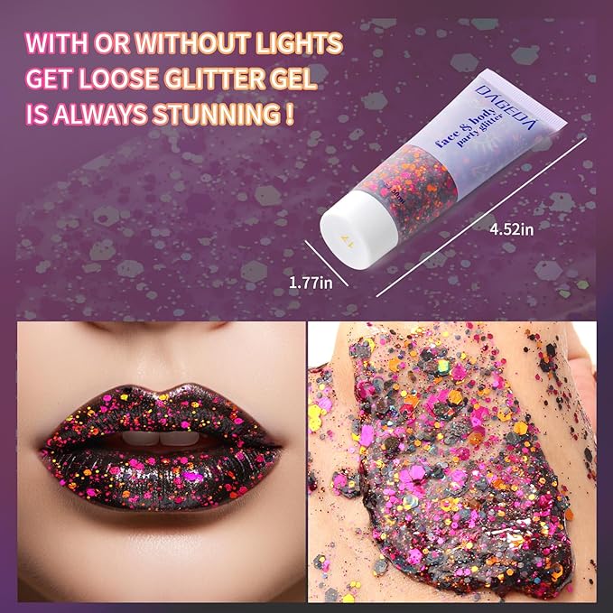 DAGEDA Halloween Body Glitter Gel, Face Glitter Body Gel Sequins Shimmer, Halloween Decor Makeup Chunky Glitter for Face Hair Nails, Holographic Cosmetic Laser Powder Festival Glitter Makeup 50ml