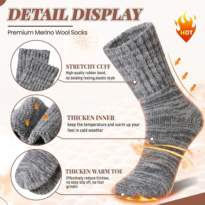Merino Wool Boot Socks Thermal Winter Ski Thick Warm Hiking Socks for Women Men 3 Pairs