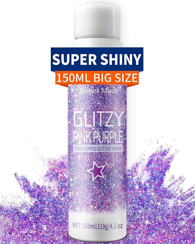 Hair Glitter Body Glitter Spray, 150ML Glitter Hairapray Holographic Purple Glitter Spray for Hair and Boday, Hair Glitter for Kids Women, Body Shimmer Festival Rave and Makeup 4.2 Fl Oz