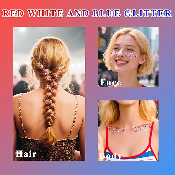 MEICOLY Red White and Blue Face Body Glitter Stick,Hair Glitter Stick for Kids Women,Sparkle Patriotic Pride Chunky Glitter Makeup,4th of July Accessories Outfits for Women