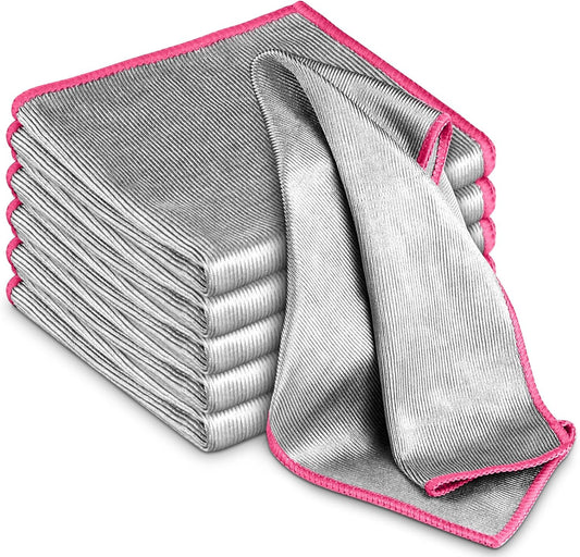 Glass Polishing Cloth Streak Free Miracle Microfiber Cleaning Cloth Lint Free Cleaning Rags for Glasses Kitchen Dish Mirrors Easy Clean, Pack of 6, 12" x 12", Sliver-Pink