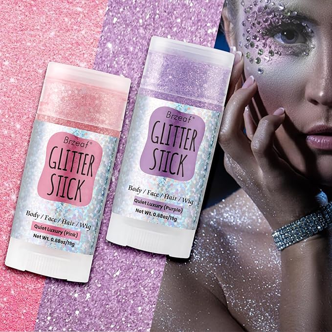 Brzeaf Waterproof Purple Glitter Stick, Shimmery&Not Greasy&Long Lasting, Chunky Glitter for Face/Body/Hair/Eyes, Singer Concert Music Rave Festival, Glitter Stick Makeup for Women Men