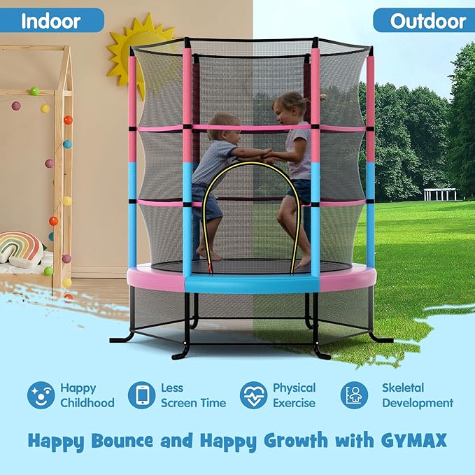 GYMAX Toddler Trampoline, 55” Trampoline for Kids with Bottom-to-Top All-Round Enclosure Net & Seamless Jumping Mat, ASTM Approved Easy Assembly Kids Mini Trampolines Indoor/Outdoor