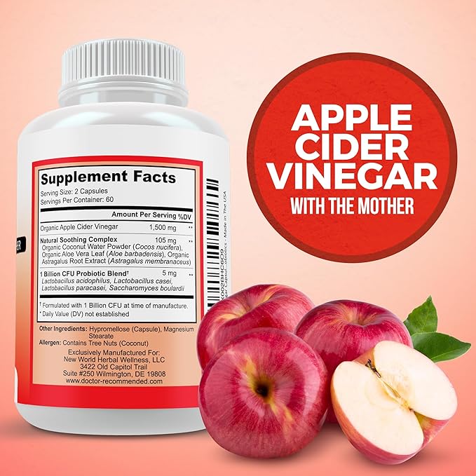 Apple Cider Vinegar Capsules - (120 Veggie Capsules) Organic ACV Supplement with Probiotics - 1500mg per Serving - Supports General Wellness & Digestive Balance - Non-GMO, Made in USA