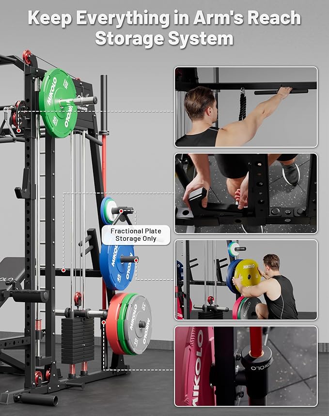 Mikolo Smith Machine, 2200lbs Squat Rack with LAT-Pull Down System & Cable Crossover Machine, Training Equipment with Leg Hold-Down Attachment