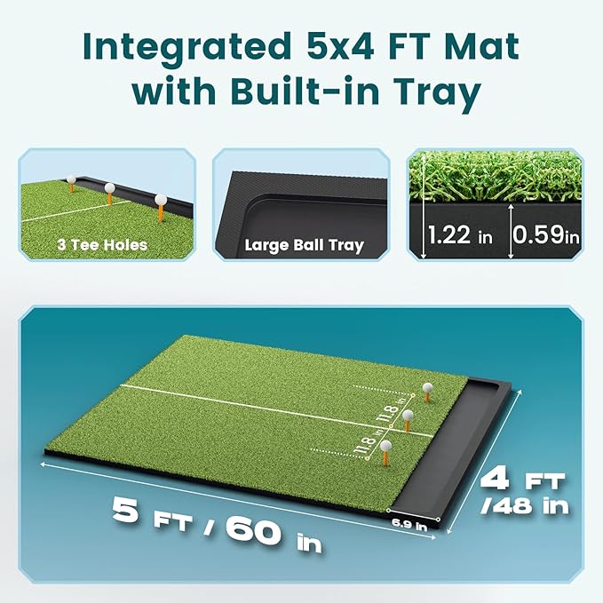Golf Hitting Mat with Ball Tray, 5x4 & 6x4 ft, 26mm/31mm Thick, Standard & Alignment Line Options, Premium Golf Practice Mat for Indoor Outdoor Swing & Chipping