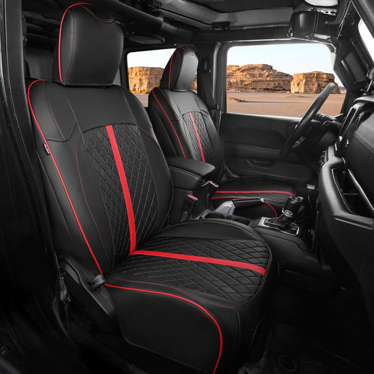 for Jeep Wrangler Seat Covers 4Door JL 2018 2019 2020 2021 2022 2023 2024 2025, Custom Car Seat Cover Full Set, Luxury Waterproof Leather Seat Protectors, Black Red Trim, With Rear Cup Holder