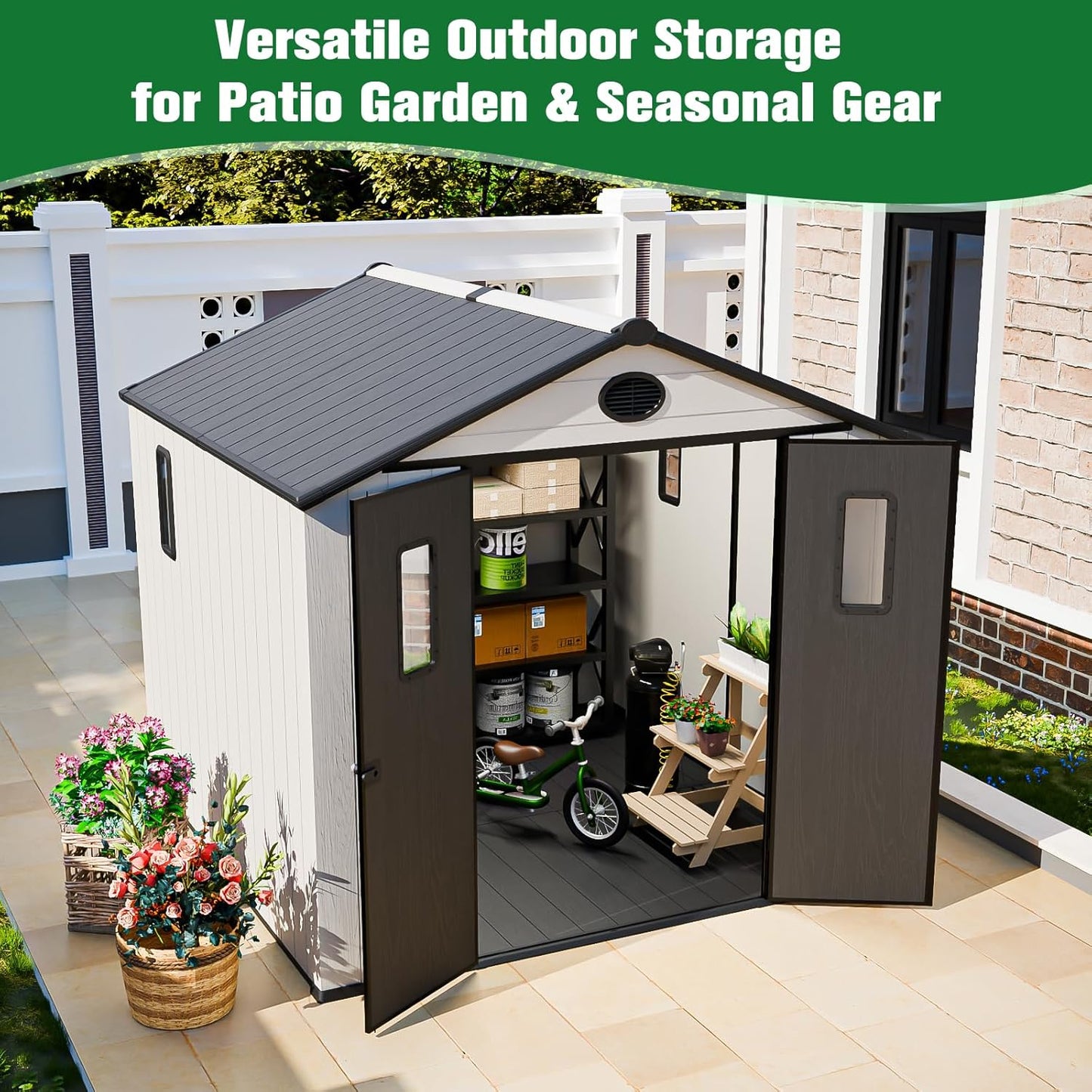EAGLE PEAK 8x6 Resin Outdoor Storage Shed, Weatherproof Garden Shed with Floor & Lockable Doors, Tool & Equipment Storage for Backyard or Patio, White/Gray