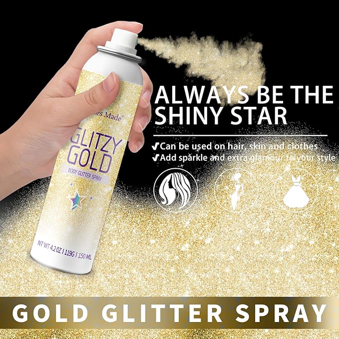 Hair Glitter Body Glitter Spray, 150ML Glitter Hairapray Gold Glitter Spray for Hair and Boday, Hair Glitter for Kids Women, Body Shimmer Festival Rave and Makeup 4.2 Fl Oz