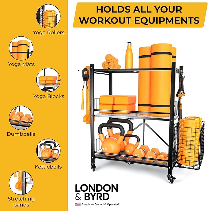 London & Byrd - No Assembly - Home Gym Storage Rack. Steel Construction, Heavy Duty Wheels, with Basket and Hooks. Great for Home Gym Equipment, Yoga mats, Kettlebells, and Small Dumbbell Storage.