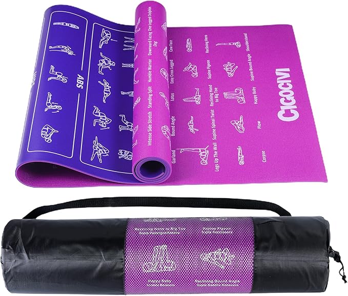 Instructional Travel Yoga Mat with 75 Poses & Exercises - Non-slip Exercise Mat for Home Workout, Includes Carrying Bag - Perfect for Beginners, 68"x24"x0.25"