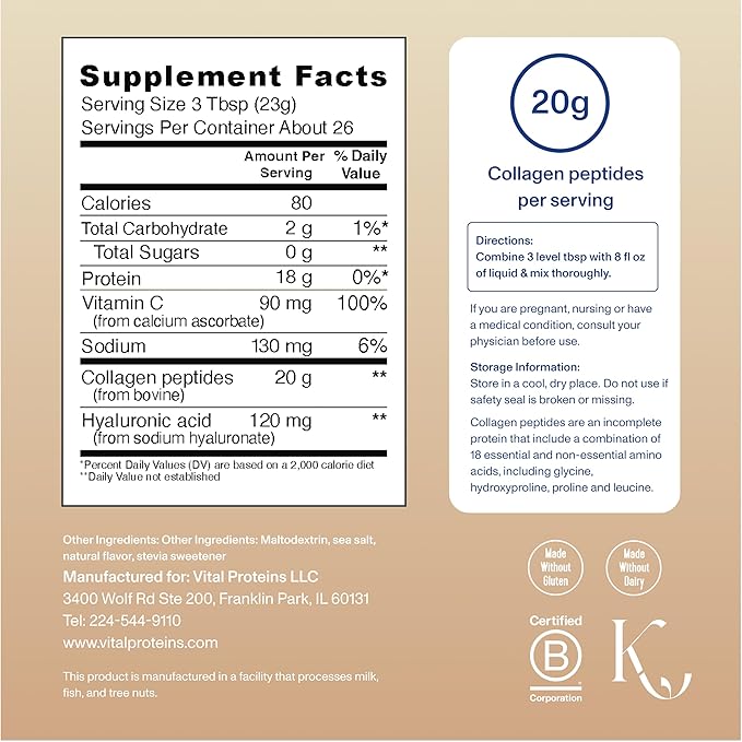 Vital Proteins Collagen Peptides Advanced, Hydrolyzed Peptides with Hyaluronic Acid and Vitamin C - Vanilla Flavor Powder, 21oz