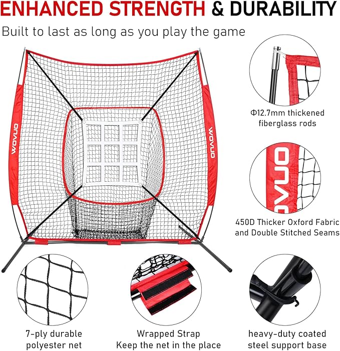 7x7 ft Baseball Net for Batting Pitching Hitting, Softball Pitching Net with Strike Zone, Tee, Ball Caddy, Softball Batting Net Baseball Training Equipment for Kids Adult Youth Sport Practice