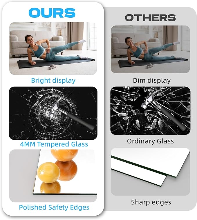 Hasipu 2Pcs 63''x28'' Home Gym Mirror Large Full Length Wall Mounted Full Body Mirror for Yoga Dance Fitness Exercise Studio Bedroom Garage, Frameless Tempered Glass Workout Mirrors Walnut Rectangular