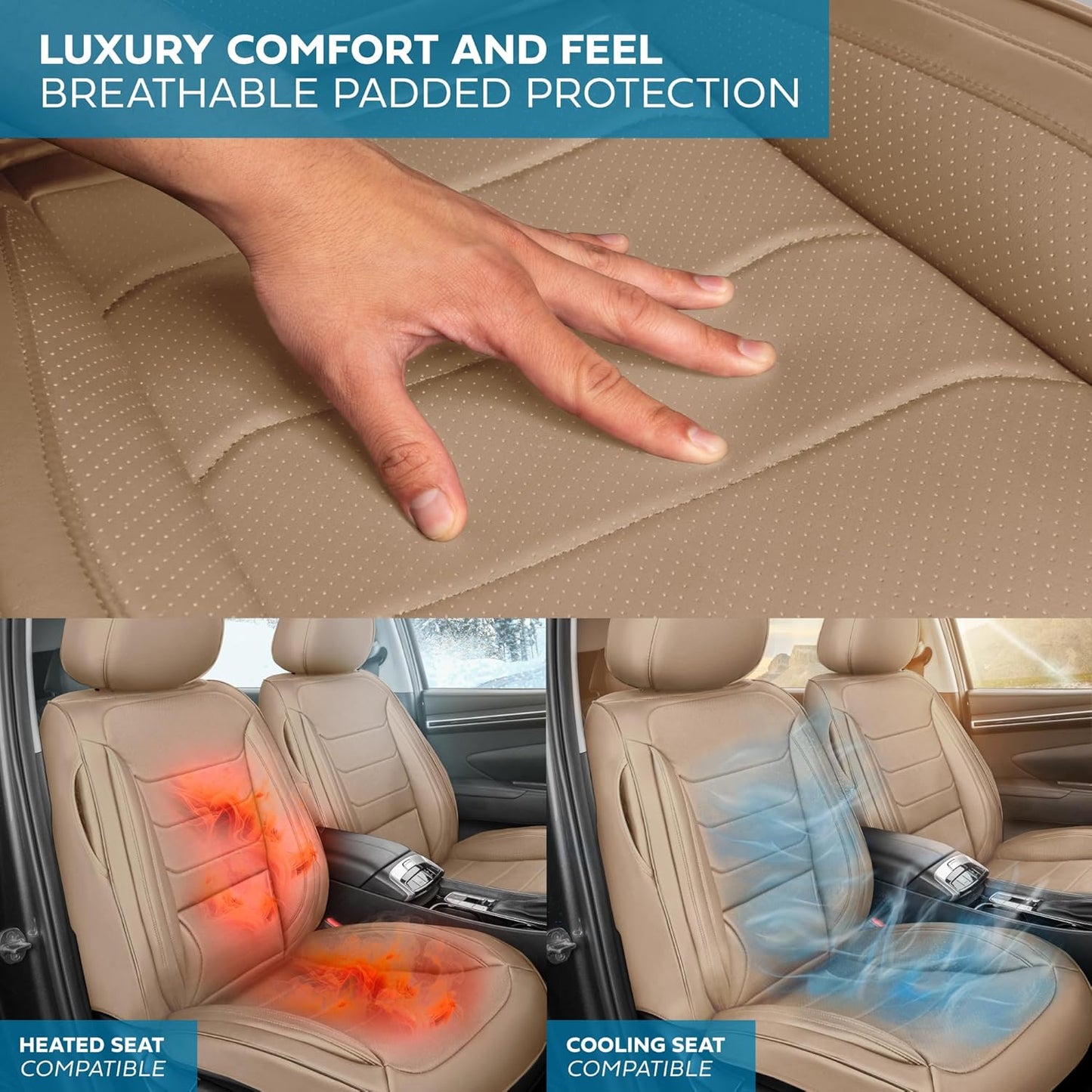 Elite Edition Faux Leather Seat Covers for Cars, Trucks, & SUV - 2 Beige Car Seat Covers for Front Seats - Universal Fit Car Accessories Automotive Interior Cover Protector for Most Vehicles